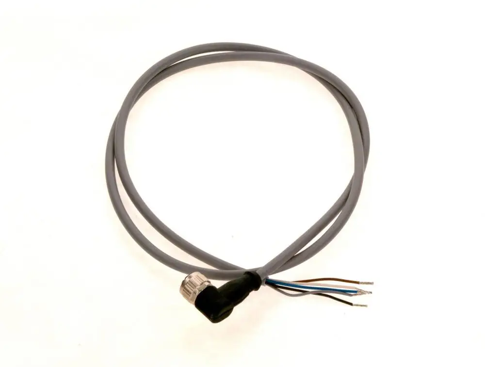 Graues Kabel mit einem gewinkelten Stecker und drei freiliegenden Drähten. Hersteller ist Bosch, geeignet für den Anschluss eines Durchflusssensors.